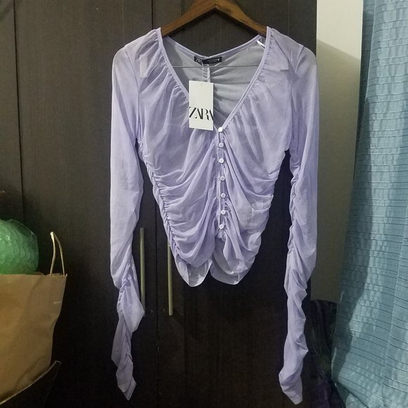 NWT RUCHED TULLE MESH TOP PURPLE LILAC - Picture 3 of 4